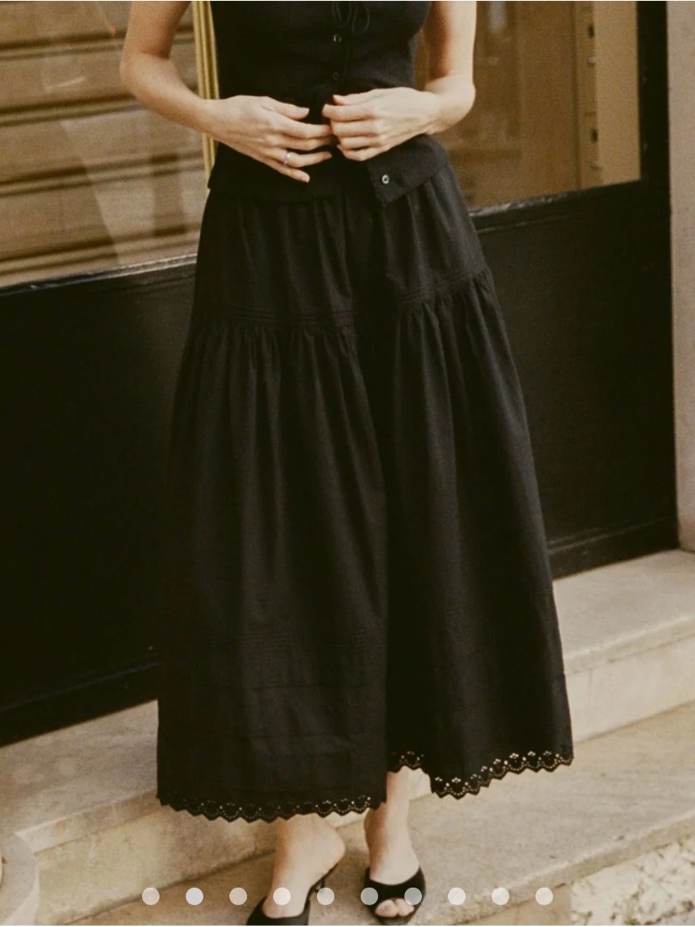 Doen Sebastiane Embroidered Pintuck Eyelet Black Midi Skirt Boho Cottagecore L